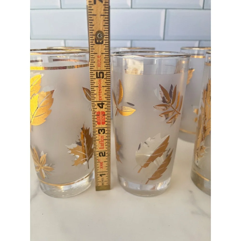 Vtg Libbey Frosted Gold Leaf Highball Glasses Set of 5 MCM Fall Barware 5.5in
